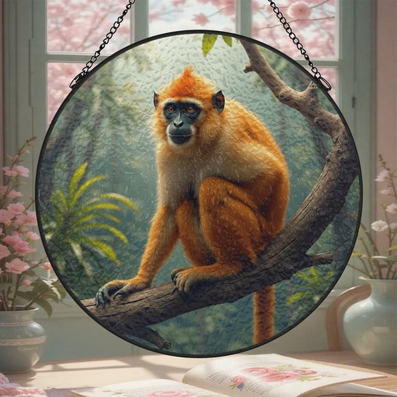 Orange Monkey Stained Glass Window Hanging 8 Inch Suncatcher Glass Panel with Chain Round Sun Catchers Indoor Wall Art Home Decor Gift for Lovers Couples Women Mother's Day