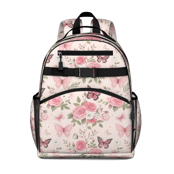 Pink Butterfly Floral Bow White Pattern Backpack for School,Cute School Bag,Schoolbag with Adjustable Shoulder Straps & Padded Back,15.25"x11.5"x5.25"