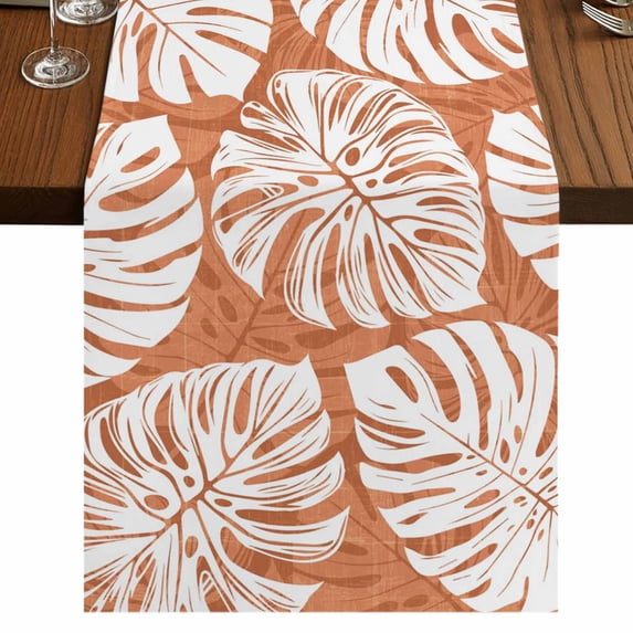 Orange Monstera Deliciosa Burlap Cotton Table Runner 13x60 Inches Long, Summer Botanical Tropical Farmhouse Table Runners, Outdoor Dining Table Decor for Baby Shower/Party/Wedding