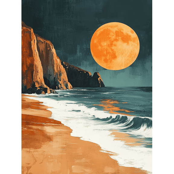 Orange Moon Beach Ocean Canvas Art PrintSuitable for Living RoomBathroomOfficeHotel Decoration