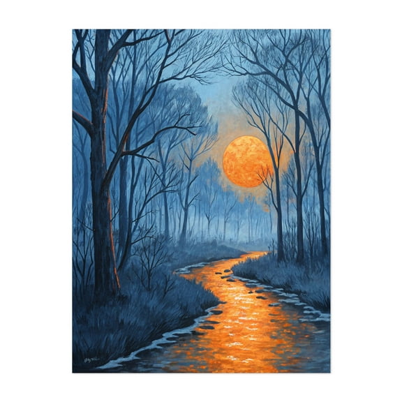 The Orange Moon's Path: A Mystical Forest Stream Lit by a Glowing Harvest Moon - Painting Forest Moon Mystical Night Sky Landscape Woods Autumn Unframed Wall Art Print 5 x 7 inches