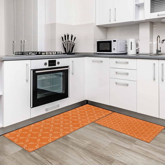 Orange Morocco 2 Pieces Non-Slip Kitchen Mat Set Geometric Leaf Diamond Lattice Abstract Soft Door Mat with Rubber Backing,Dirtproof Rugs for Entrance Doorway 23.6x35.4in+23.6x70.9in