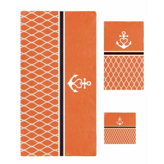 Orange Morocco Bath Towels for Bathroom Set,Luxury Microfiber Towels Gifts for Women,Quick Dry Beach Hand Hair Face Towel and Dish Washcloth,Nautical Anchor Stripe Modern Geometric Towels+Set