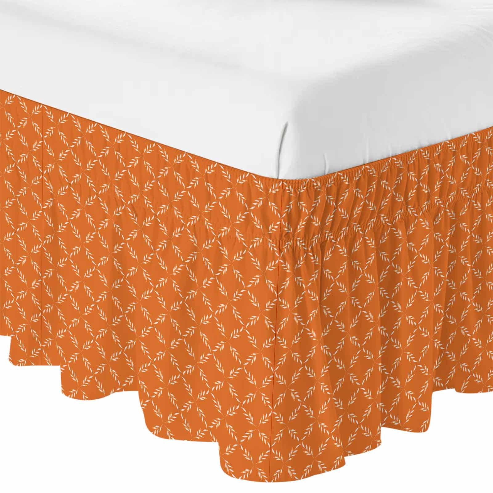 Orange Morocco Bed Skirt Queen Size 16 Inch Drop, Adjustable & Elastic Wrap Around Bed Skirts Pleated Dust Ruffles For Twin Full Queen Cal King Base Beds, Geometric Leaf Diamond Lattice Abstract