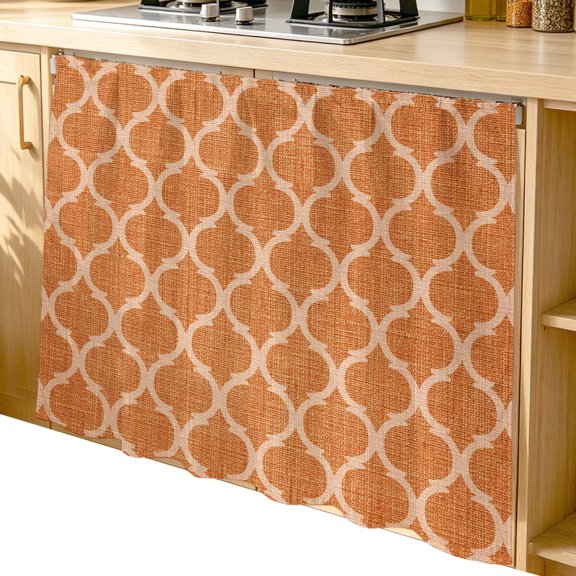 Orange Morocco Cabinet Curtains 35"W x 35"L,Dustproof Sink Skirt Curtain for Kitchen Bathroom,Farmhouse Ethnic Geometric Grid Aesthetic Adhesive Desk Skirt Privacy Short Curtains for Closet Vanity