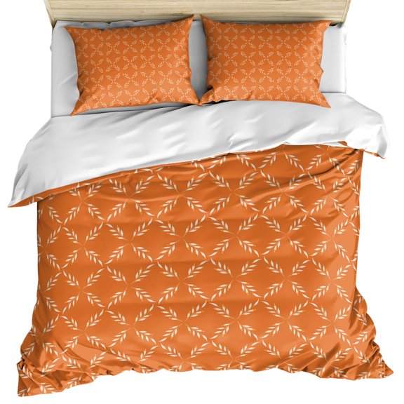 Orange Morocco Duvet Cover Queen Size, Geometric Leaf Diamond Lattice Abstract Comforter Cover with Zipper Closure, 3 Piece Bedding Sets 1 Duvet Cover 90x90 Inches and 2 Pillow Shams