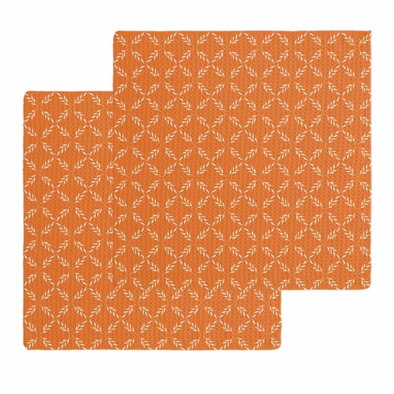 Orange Morocco Kitchen Dish Towels for Drying Dishes Set of 2, Geometric Leaf Diamond Lattice Abstract Waffle Weave Microfiber Hand Tea Bathroom Towels Quick Dry & Absorbent Towel 12x12