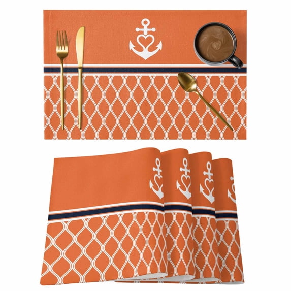 Orange Morocco Placemats Set of 4, Nautical Anchor Stripe Modern Geometric Placemats for Dining Table, Place Mats for Kitchen Tabletop, Waterproof Wipeable Dining Table Mats Set