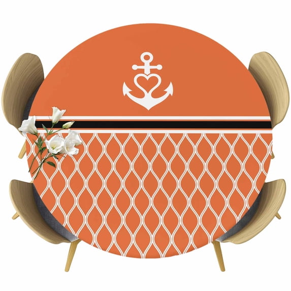 Orange Morocco Round Tablecloth, Fitted Table Cover with Elastic for 36"-44" Round Tables, Nautical Anchor Stripe Modern Geometric Table Cloth Outdoor Indoor Dinning Party Waterproof Tablecloths