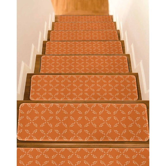 Orange Morocco Stair Treads for Wooden Steps Indoor Runner Rug Carpet, Geometric Leaf Diamond Lattice Abstract 7 Pieces Peel and Stick Staircase Step Treads Covers Washable Throw Door Mats, 30"x8"