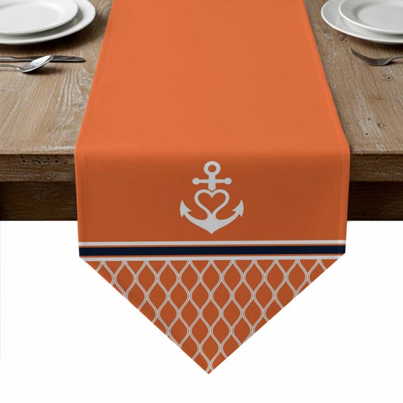 Orange Morocco Table Runner Linen Burlap Table Runner 48 Inches Long Nautical Anchor Stripe Modern Geometric Dresser Scarves for Kitchen Island Coffee Dining Room Party Holiday Decoration 13"x48"