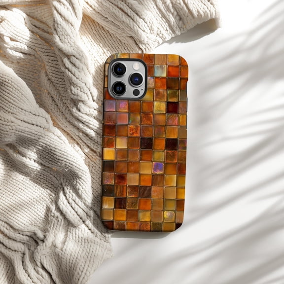 Orange Mosaic Faux Tile Phone Case Fits iPhone Samsung Galaxy Hard Plastic Shell Colorful Boho Pattern Gift