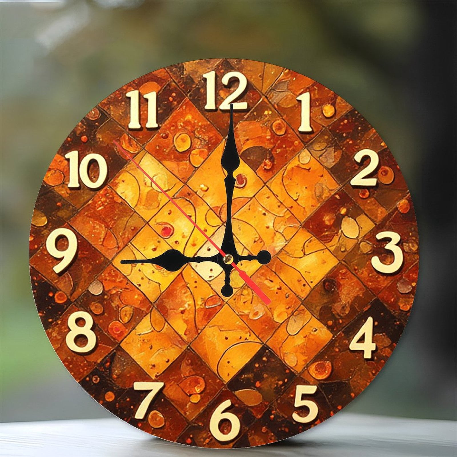Orange Mosaic Wall Clock Abstract Art Home Decor 10-Inch Silent Wooden ...