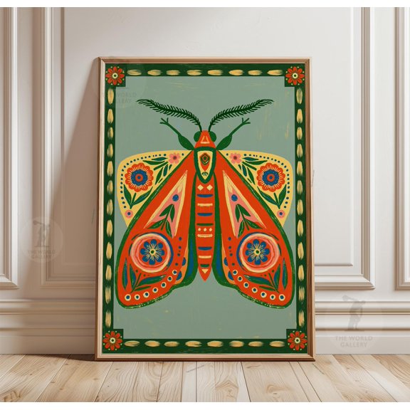 Orange Moth Folk Art Poster, Botanical Insect Wall Decor, Paper Print, Poster Only