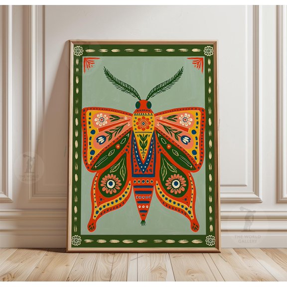 Orange Moth Folk Art Poster, Botanical Insect Wall Decor, Paper Print, Poster Only