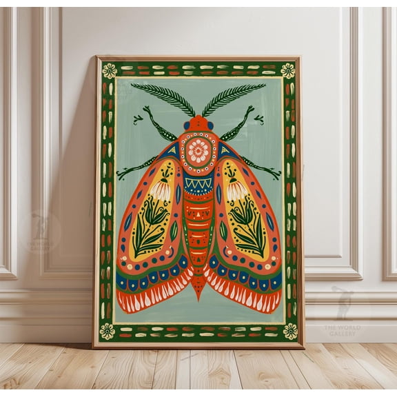 Orange Moth Folk Art Poster Botanical Insect Wall Decor Paper Print