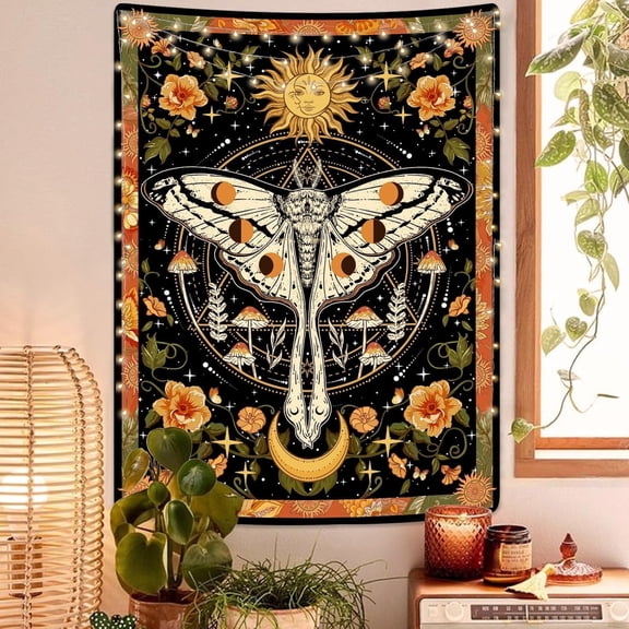 Orange Moth Tapestry Boho Retro Floral Flowers Tapestries Aesthetic Vintage Mushroom Tapestries for Bedroom Indie Small Tapestry Wall Hanging for Living Room Dorm (30''  40'', Orange)