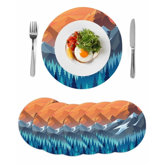Orange Mountain Round 15 Inch Placemats Set of 6, Farmhouse Blue Forest Trees Nature View HeatResistant Non Slip Place Mats for Dining Table, Wipeable Braided Kitchen Table Mats for Housewarming