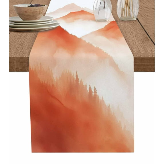 Orange Mountains Burlap Cotton Table Runner 13x60 Inches Long, Modern Watercolor Nature Forest Farmhouse Table Runners, Outdoor Dining Tablecloths Decor for Baby Shower/Party/Wedding