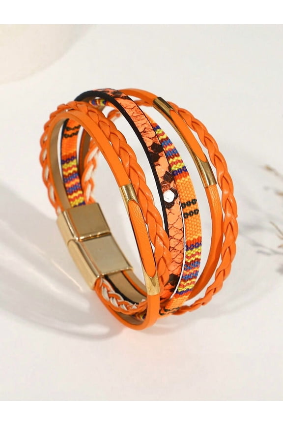 Orange Multi-Strand PU Leather Wrap Bracelet With Braided Design And Goldtone Clasp For Women