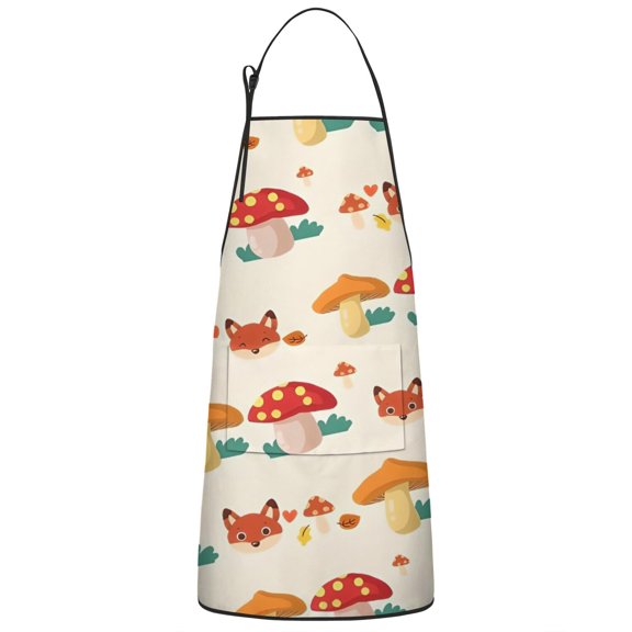 Orange Mushroom Fox Light Pattern Apron-Garden Aprons for Women with Pockets-Cotton Linen Waterproof Kitchen Cooking Gardening Aprons Adjustable for Kitchen,Cooking,BBQ and Salon 33x27 Inch