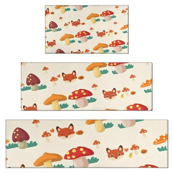 Orange Mushroom Fox Light Pattern Kitchen Rugs Sets Of 3,Kitchen Runner Rugs Non Skid Washable,Decorative Kitchen Floor Mats for Kitchen,Sink,Laundry,17"x30"+ 17"x47" + 17"x59"