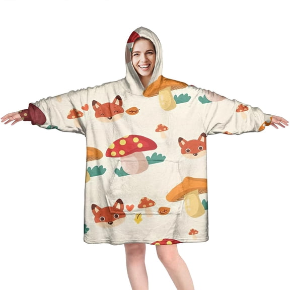 Orange Mushroom Fox Light Pattern Wearable Oversized Blanket,Wearable Blanket Hoodie for Adults,Cozy Hooded Blankets with Super Pockets,Super Warm Fuzzy Pullover for Women & Men