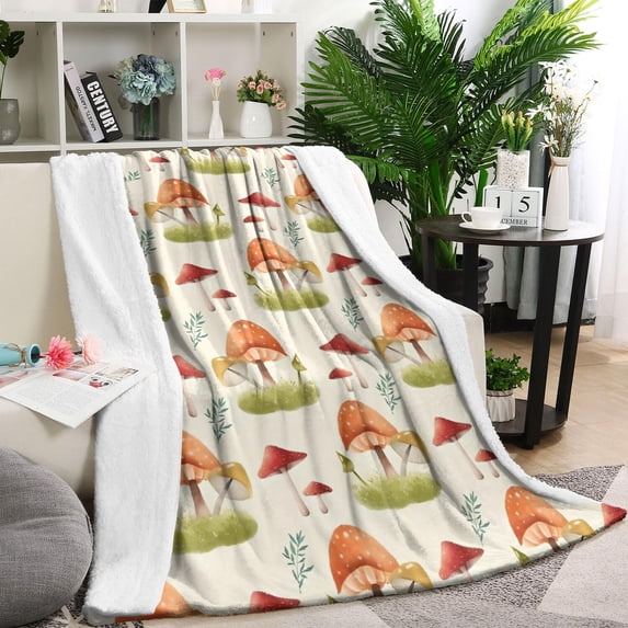 Orange Mushroom Grass Light Pattern Blanket,Comfortable Soft Lamb Wool Throw Blanket,All Season,Warm Lightweight Blankets for Sofa Bed Couch Living Room Chair,60"x80"