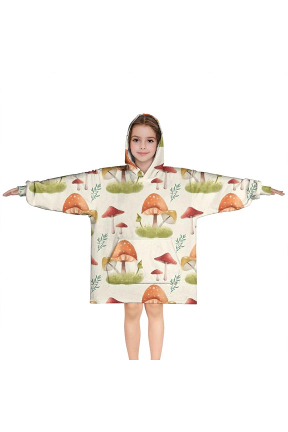Orange Mushroom Grass Light Pattern Blanket Hoodies for Kids 6-13YR Oversize Wearable Blanket Hoodies for Boys Girls Teens