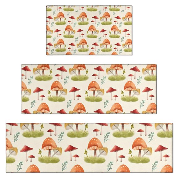Orange Mushroom Grass Light Pattern Kitchen Rugs Sets Of 3,Kitchen Runner Rugs Non Skid Washable,Decorative Kitchen Floor Mats for Kitchen,Sink,Laundry,17"x30"+ 17"x47" + 17"x59"
