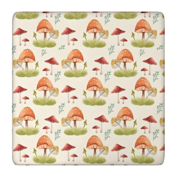 Orange Mushroom Grass Light Pattern Square Fitted Tablecloth with Elastic Edge,Square Table Cover,Washable Elastic Table Cover for Home Kitchen Party Decor 36"x36"