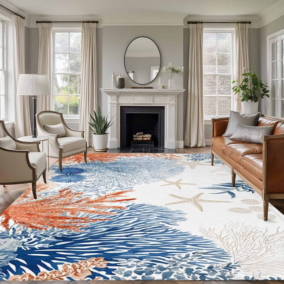 Orange Navy Blue Coral Area Rugs 5'x8', Washable Small Throw Rugs for Classroom Bedroom, Summer Beach Coastal Ocean Indoor Outdoor Rug Non-Slip Low Pile Carpet Runner Reversible Floor Mats
