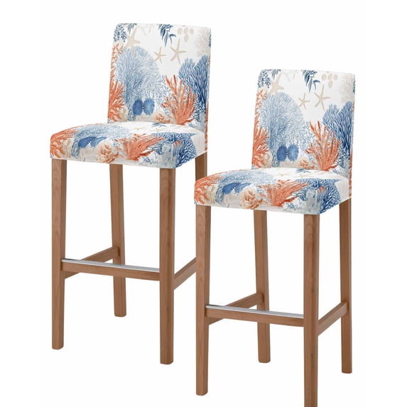 Orange Navy Blue Coral Bar Stool Covers Set of 2, Summer Beach Coastal Ocean Stretch Washable Bar Chair Covers with Backs, Removable Pub Counter Height Chair Cover for Kitchen Dining Room Cafe