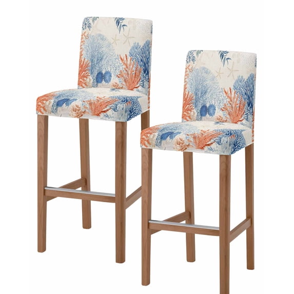 Orange Navy Blue Coral Bar Stool Covers Set of 2, Summer Beach Coastal Rustic Stretch Washable Bar Chair Covers with Backs, Removable Pub Counter Height Chair Cover for Kitchen Dining Room Cafe