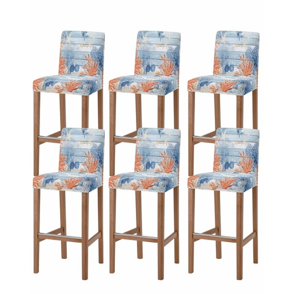 Orange Navy Blue Coral Bar Stool Covers Set of 6, Summer Beach Coastal Ocean Blue Wood Stretch Bar Chair Covers with Backs, Removable Pub Counter Height Chair Cover for Kitchen Dining Room Cafe