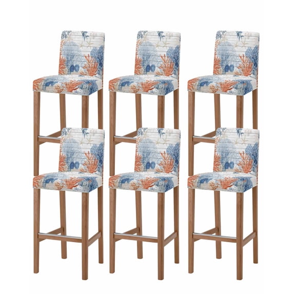 Orange Navy Blue Coral Bar Stool Covers Set of 6, Summer Beach Coastal Ocean Wooden Stretch Washable Bar Chair Covers with Backs, Removable Pub Counter Height Chair Cover for Kitchen Dining Room Cafe