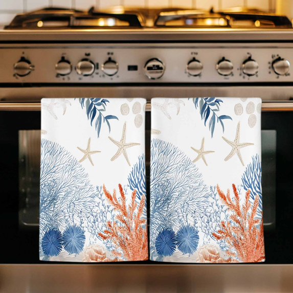 Orange Navy Blue Coral Kitchen Towels Set of 2, Summer Beach Coastal Ocean Absorbent Dish Towels for Kitchen, Microfiber Hand Towel, Quick Drying Tea Towel for Cleaning Decorative Dishcloths