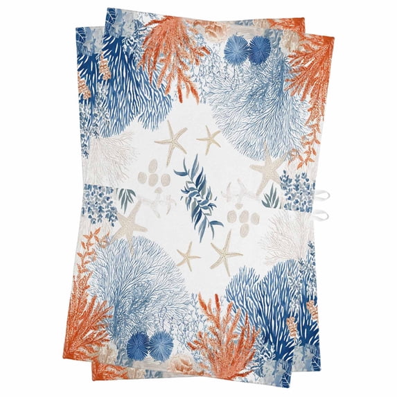 Orange Navy Blue Coral Kitchen Towels Set of 2, Water Absorbent Dish Towel, Summer Beach Coastal Ocean Decorative Hand Towels - Quick Drying Cloth for Cooking Baking, 18x28 Inch