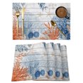 thumbnail image 1 of Orange Navy Blue Coral Placemats Set of 6 Summer Beach Coastal Ocean Wooden Place Mats Indoor Wipeable Table Mats Washable Cloth Dining Table Placemats for Kitchen Holiday Party Home Decor 13x19 Inch, 1 of 9