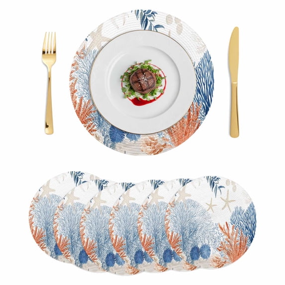 Orange Navy Blue Coral Round 13 Inch Placemats Set of 6, Summer Beach Coastal Ocean HeatResistant Non Slip Place Mats for Dining Table, Wipeable Braided Kitchen Table Mats for Housewarming
