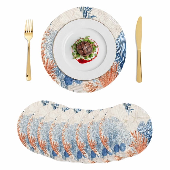 Orange Navy Blue Coral Round 15 Inch Placemats Set of 8, Summer Beach Coastal Rustic HeatResistant Non Slip Place Mats for Dining Table, Wipeable Braided Kitchen Table Mats for Housewarming
