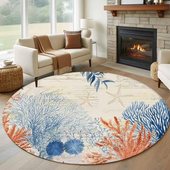 Orange Navy Blue Coral Round Area Rug 6Ft Washable Circle Rugs for Bathroom Office, Summer Beach Coastal Retro Non-Slip Carpet Floor Mats Indoor Outdoor Carpet Runner Aesthetic Home Decor