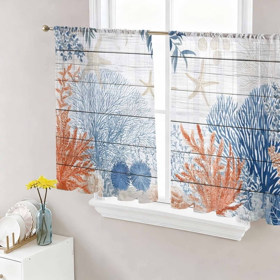 Orange Navy Blue Coral Semi Sheer Curtains 54 Inch Length 2 Panels Set, Summer Beach Coastal Ocean Wooden Sheer Kitchen Curtain Privacy Voile Window Curtain for Living Room Bedroom Rod Pocket Drapes