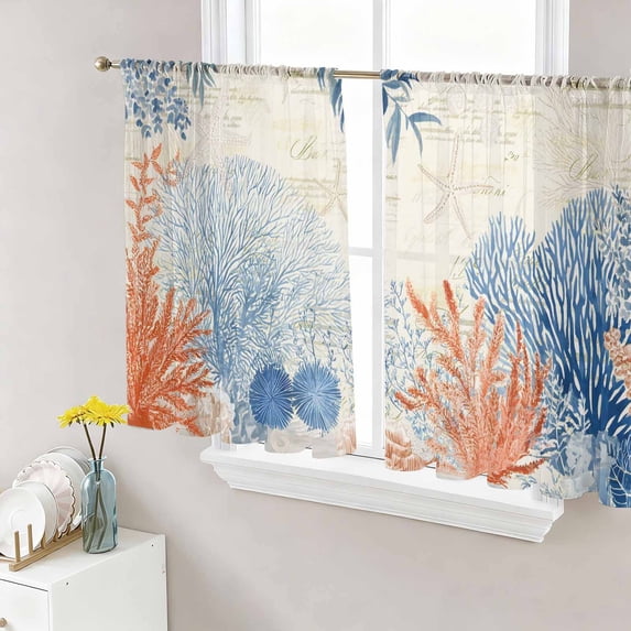 Orange Navy Blue Coral Semi Sheer Curtains 54 Inch Length 2 Panels Set, Summer Beach Coastal Retro Sheer Kitchen Curtain Privacy Voile Window Curtain for Living Room Bedroom Rod Pocket Drapes