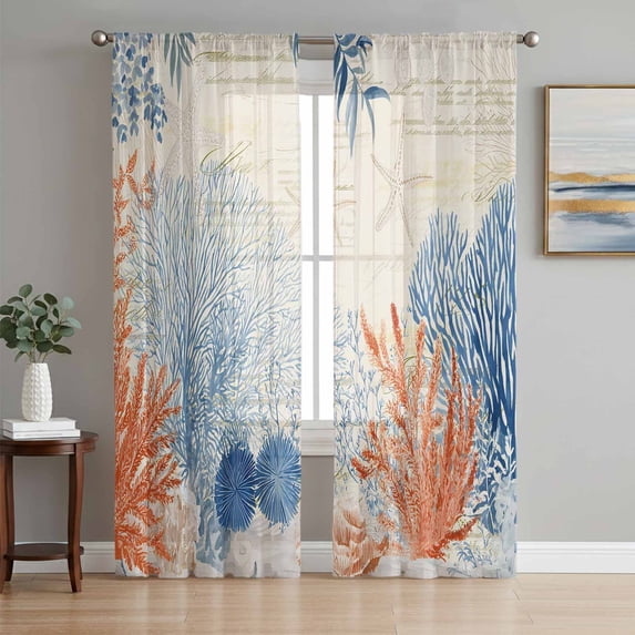 Orange Navy Blue Coral Semi Sheer Curtains 84 Inch Length 2 Panels Set, Summer Beach Coastal Retro Sheer Kitchen Curtain Privacy Voile Window Curtain for Living Room Bedroom Rod Pocket Drapes