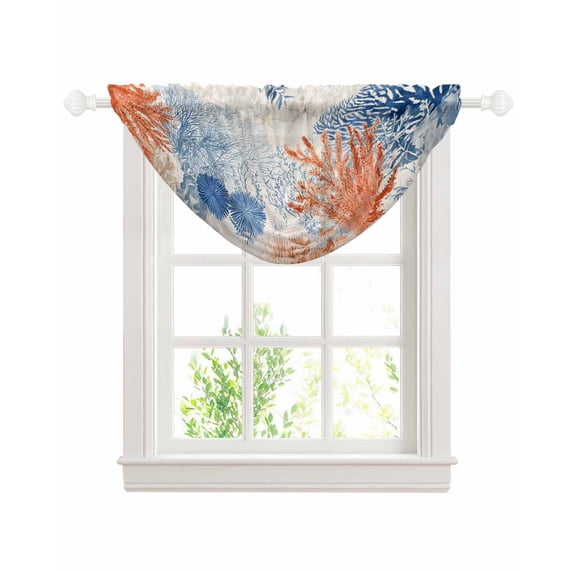 Orange Navy Blue Coral Sheer Waterfall Valance Curtains for Window, Summer Beach Coastal Rustic Rod Pocket Sheer Topper Swag Curtains for Living Room, Kitchen 38.5"W x 47.2"L, 1 Panel