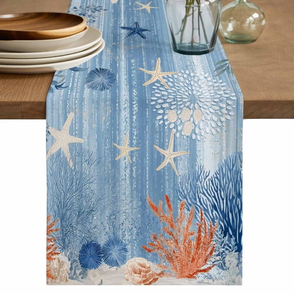 Orange Navy Blue Coral Table Runner, Summer Beach Coastal Ocean Ombre Washable Cotton Linen Table Runners 36 Inches Long, Dresser Scarf Runner for Nightstand/End Tables/Round Tables 13''x36''