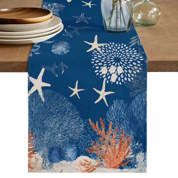 Orange Navy Blue Coral Table Runner, Summer Beach Coastal Ocean Starfish Cotton Linen Table Runners 72 Inches Long, Dresser Scarf Runner for Dining/Coffee/Kitchen/TV Stands/Cabinets 13''x72''