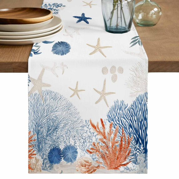 Orange Navy Blue Coral Table Runner, Summer Beach Coastal Ocean Washable Cotton Linen Table Runners 108 Inches Long, Dresser Scarf Runner for Dining/Living Room/Kitchen/Square Tables 13''x108''
