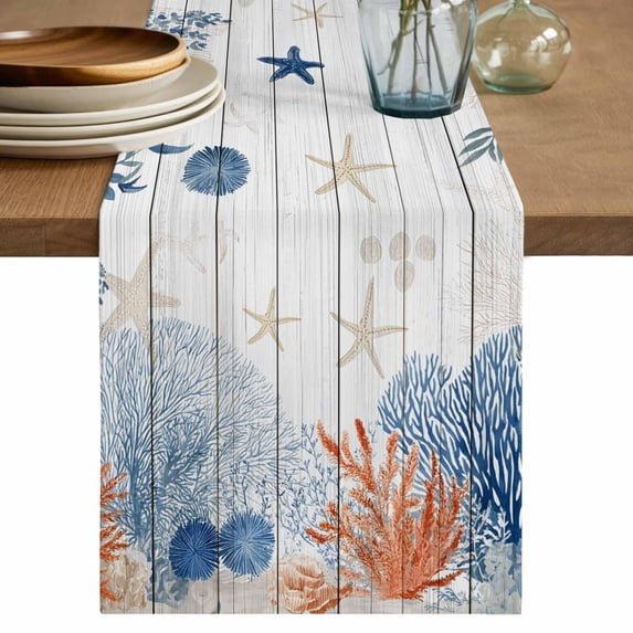 Orange Navy Blue Coral Table Runner, Summer Beach Coastal Ocean Wooden Washable Cotton Linen Table Runners 72 Inches Long, Dresser Scarf Runner for Dining/Coffee/TV Stands/Kitchen/Cabinets 16''x72''